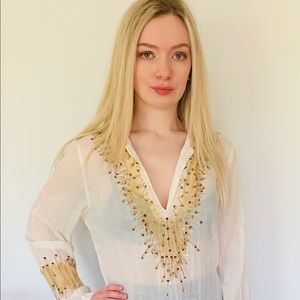 Boho style white cotton beach shirt bikini coverup